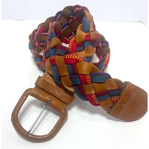 Guatemala Accessories - Leather Guatemala Belt Colorful W/ Red Blue Pink & Yellow Woven Strapping Large